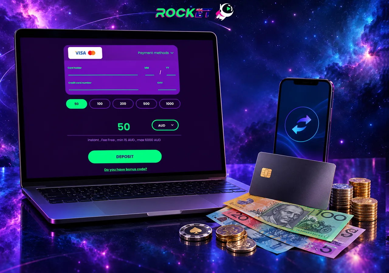 Cashier options appear on laptop and phone beside Australian notes, a card and coins